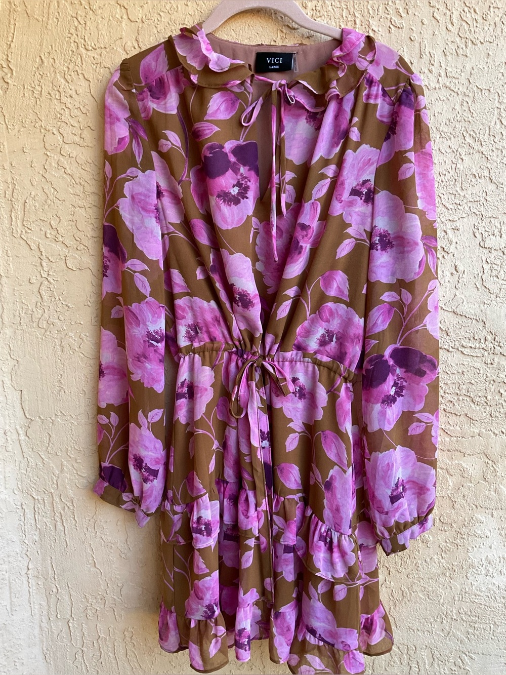 VICI‎ Charleston Waist Tie Floral Pink & Brown Mini Dress - Picture 5 of 16